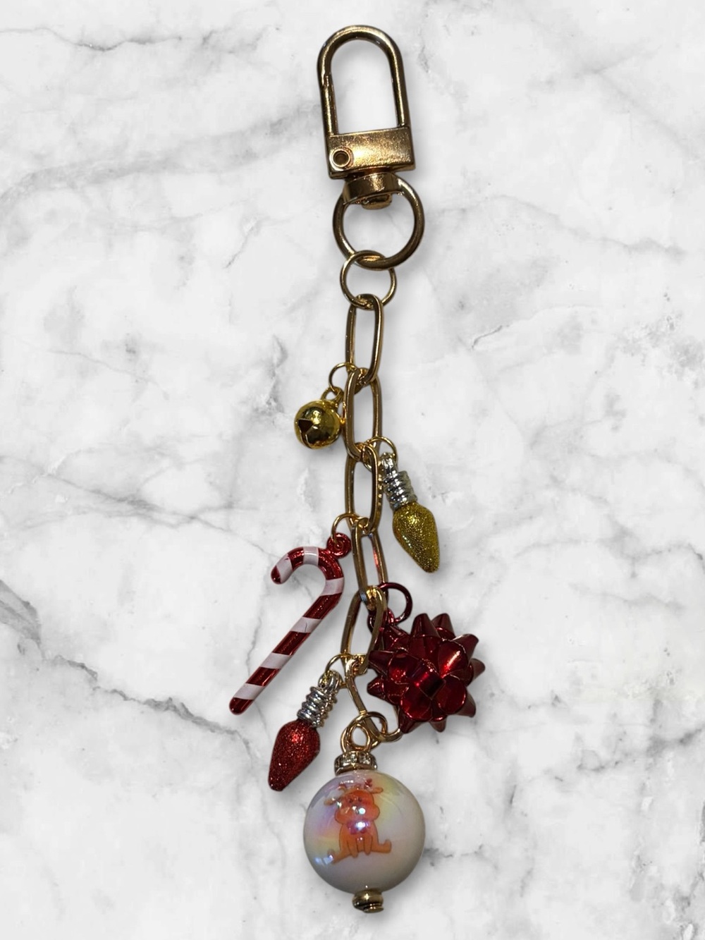 Gold Holiday Charm Keychain with Red Accents